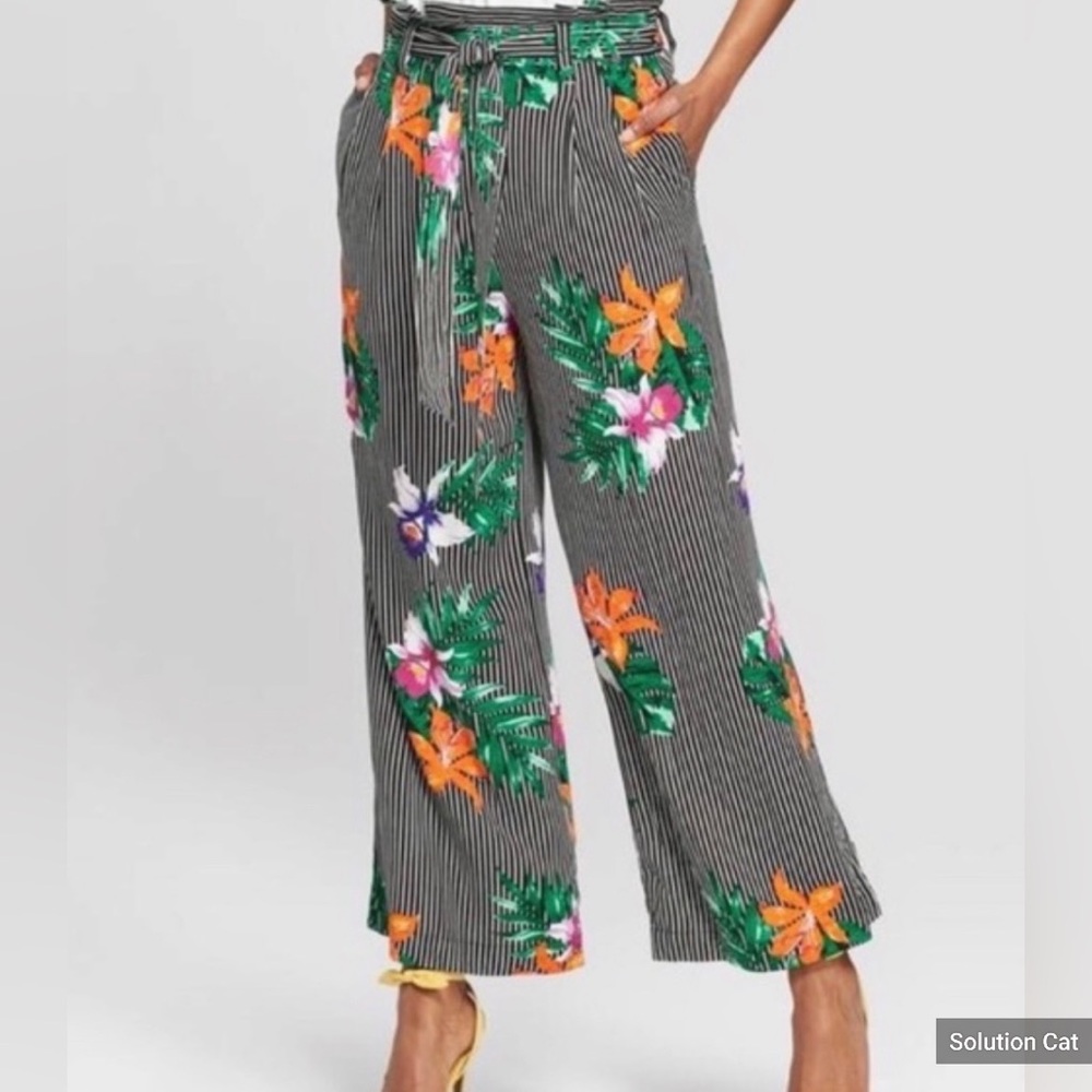 Who What Wear Striped floral tangerine Orange tie pants size 10